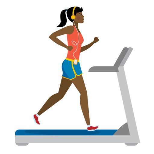Cartoon woman with dark skin running on treadmill