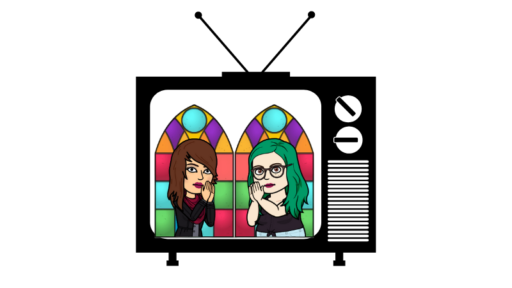 Cartoon Patti and Katie inside a TV in prayer position