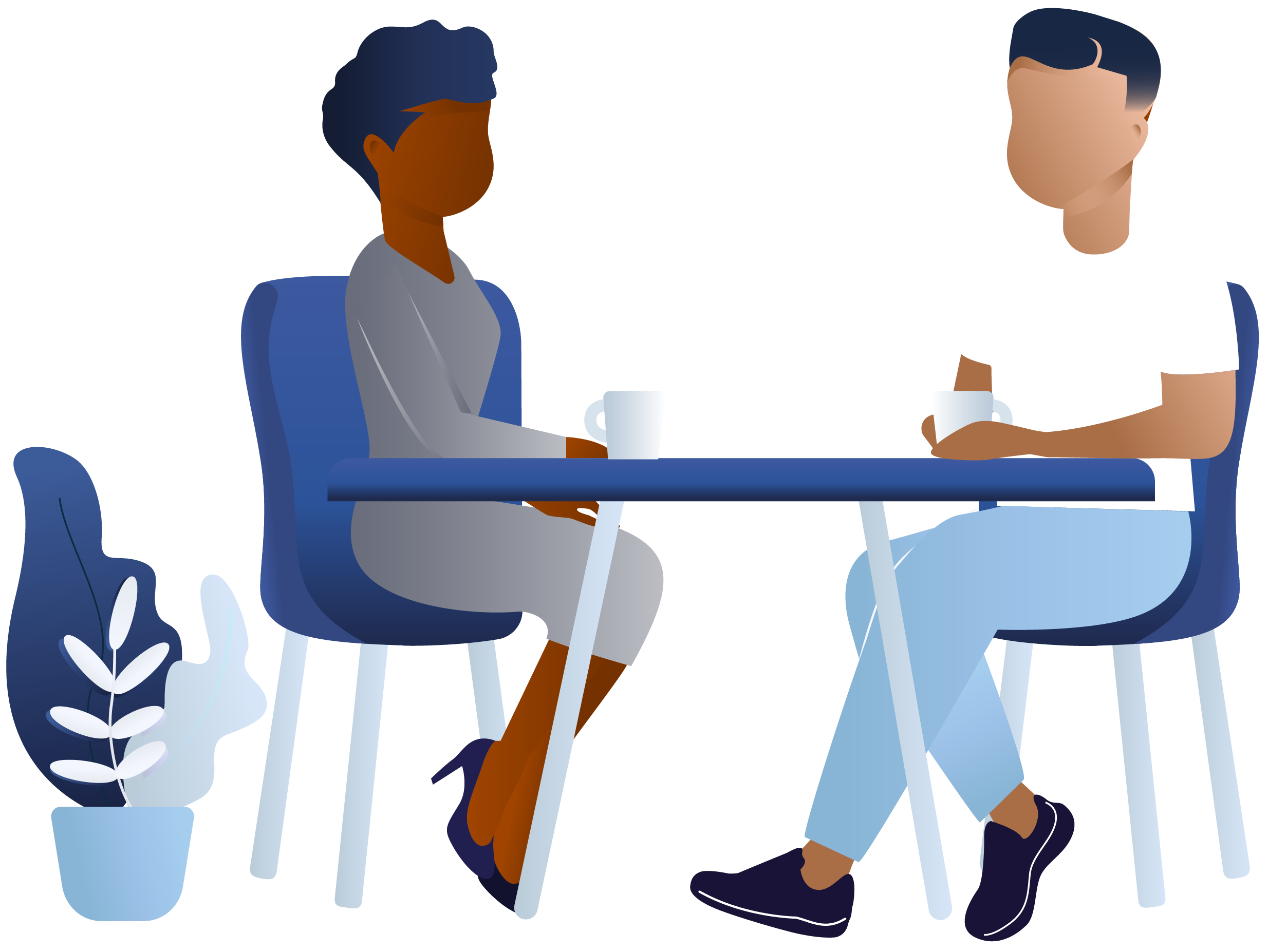 Two HR professionals discussing workplace investigation techniques over coffee