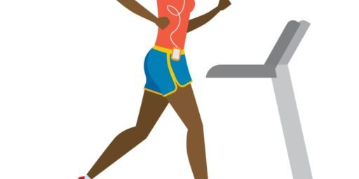 Cartoon woman with dark skin running on treadmill