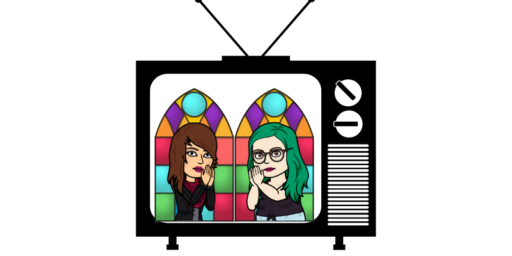 Cartoon Patti and Katie inside a TV in prayer position